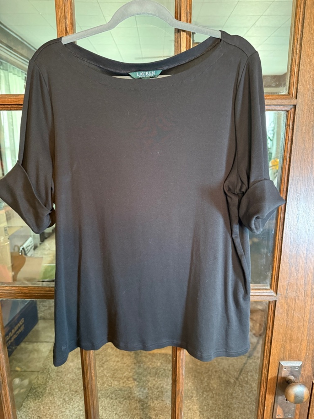 Lauren Ralph Lauren Black Boat Neck Cuffed Sleeve Cotton Top Plus Size 2X
